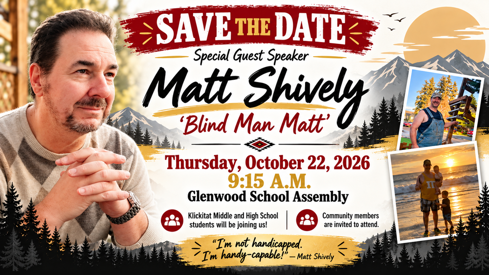 Matt Shively, Blind Man Matt" Assembly Thursday, October 22 at 9:15 a.m.