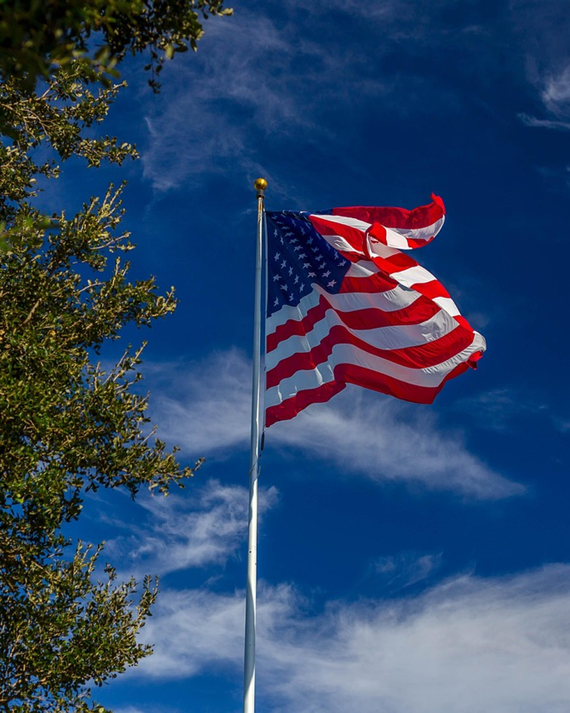 American flag flying with a blue sky and tree in frame