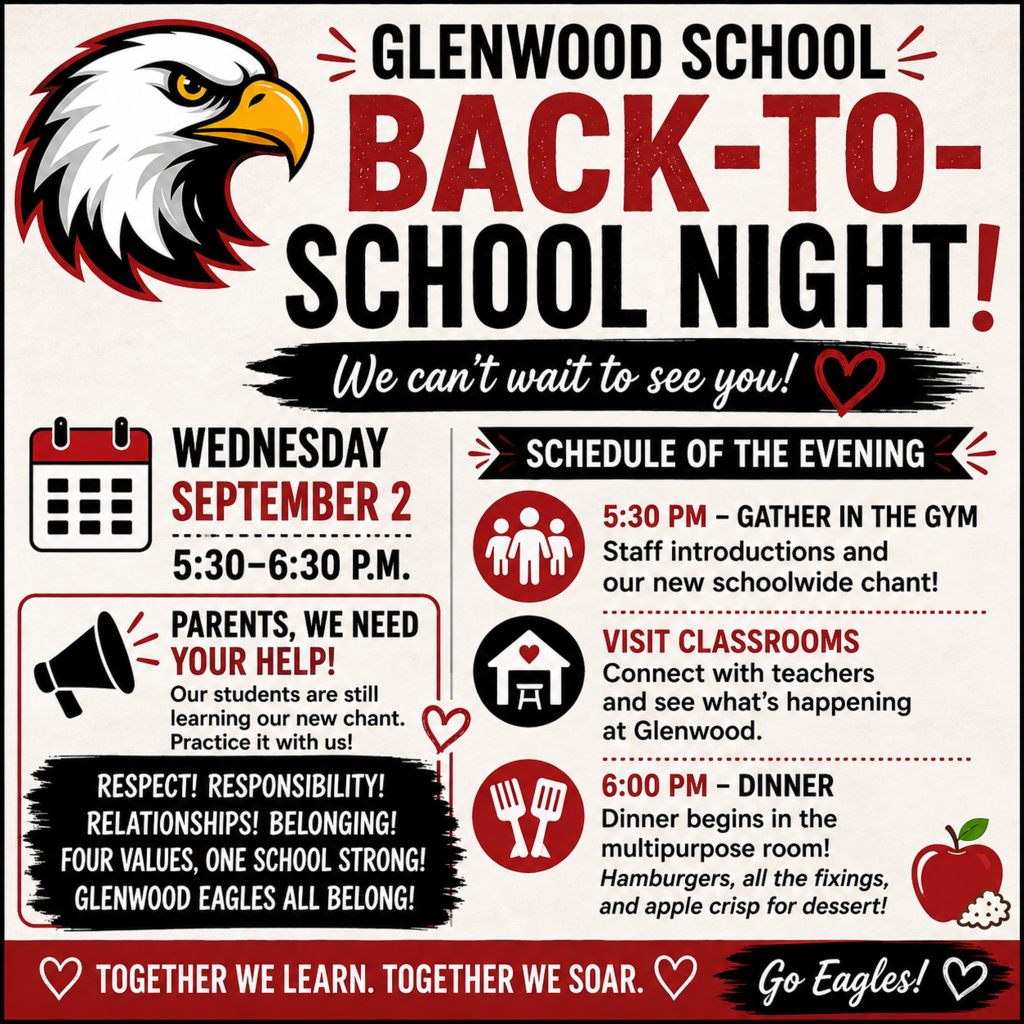 This is a post sharing the information in the article about our back-to-school night on Wednesday, September 2 from 5:30 to 6:30 p.m. We'll gather at 5:30 in the gym before visiting classrooms. At 6 p.m., dinner and dessert will start in our multipupose room. 