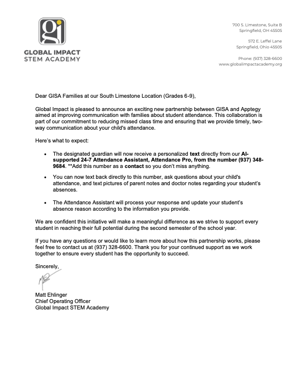 Attendance Pro letter South Limestone