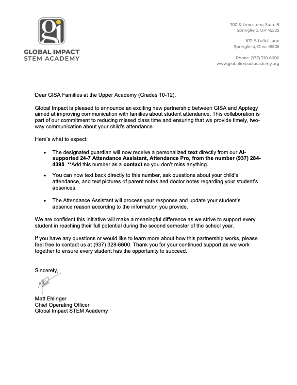 Attendance Pro letter Upper Academy