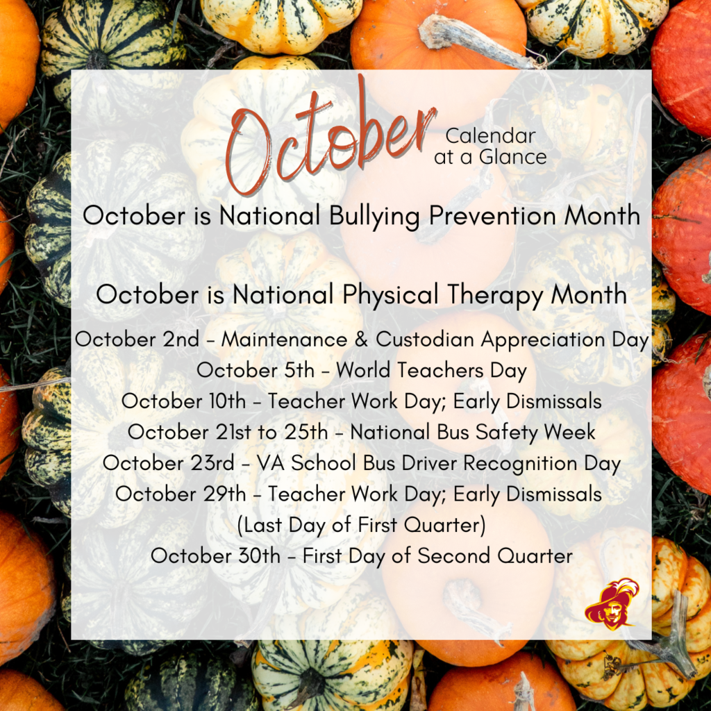 Welcome to October! 🍂 As we embrace the changing season, take a look at our Calendar at a Glance for important dates, events, and activities happening this month. Stay informed and get ready to participate in the excitement! 🎉