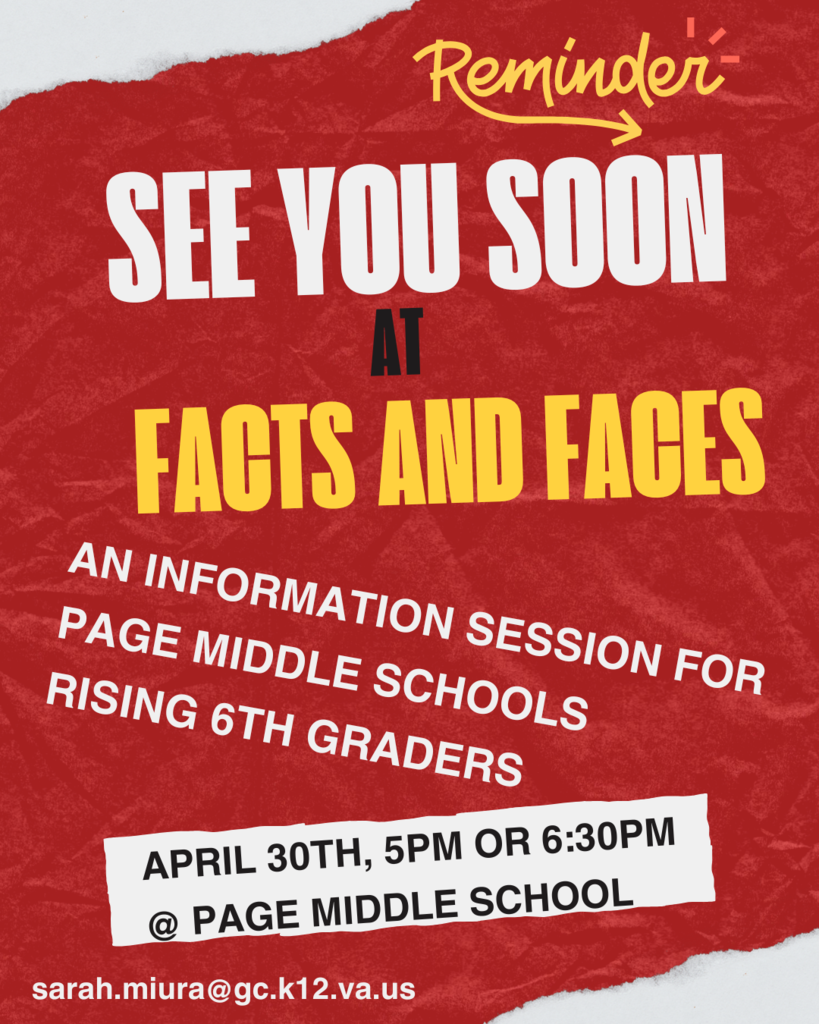 Rising 6th grade families: Facts and Faces info session for Page Middle School is on Wednesday, April 30!
