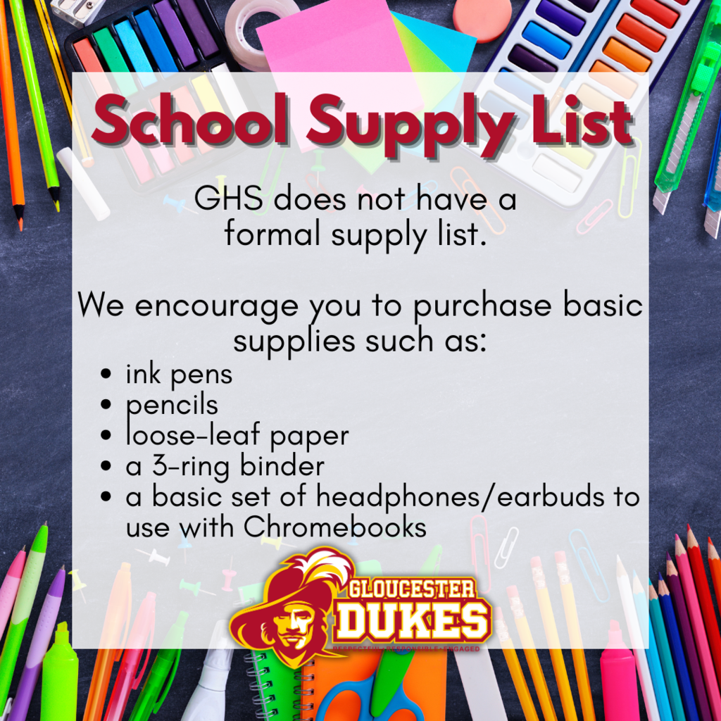 📝 Back-to-School Reminder – GHS Supplies 🎒 GHS does not have a formal supply list, but we recommend students come prepared with a few basic essentials to start the year strong: ✔️ Ink pens ✔️ Pencils ✔️ Loose-leaf paper ✔️ A 3-ring binder ✔️ Basic headphones/earbuds (for Chromebook use) Teachers may provide additional class-specific needs once school begins. 💙 #GHSProud #BackToSchool #SchoolSupplies