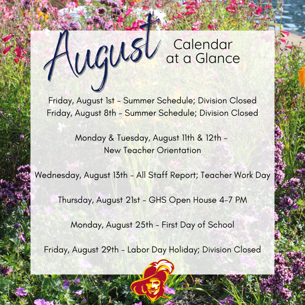 🗓️🎒 August at a Glance – GHS Edition! 🎒🗓️ It’s almost time to kick off a brand-new year at Gloucester High School! This month’s calendar includes important dates like Open House and the First Day of School. Stay in the know by checking the GHS website regularly for updates—we can’t wait to welcome our Dukes back! 💛❤️ #GHSAugust #BackToSchool #GoDukes #DukePride #GHSEvents