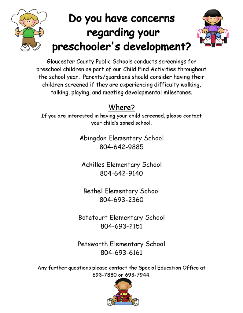 ✨ Preschool Screenings at GCPS ✨ Gloucester County Public Schools conducts preschool screenings throughout the school year as part of our Child Find Activities. If your child is having difficulty walking, talking, playing, or meeting developmental milestones, a screening may help identify their needs early. 📞 Interested? Contact your child’s zoned elementary school for more information.