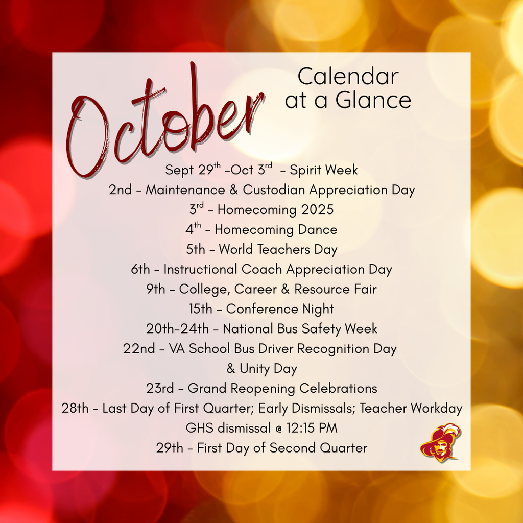 🏫🎉 GHS October at a Glance! 🎉🏫 It’s a big month at Gloucester High School! From classroom events to celebrations, October is packed with excitement. 🍂💛 And don’t forget—Homecoming 2025 is here! For the most up-to-date details about all things Homecoming, be sure to check the GHS website. #GHSOctober #GoDukes #Homecoming2025