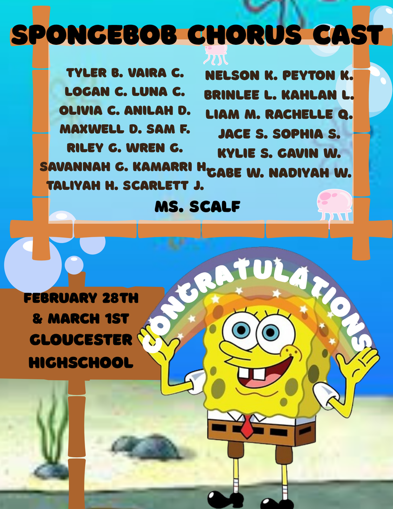 Ravioli ravioli, chorus has the formuoli! Congratulations to the Page Middle School Chorus Spongebob Cast! Join us on February 28th and March 1st at Gloucester High School. 