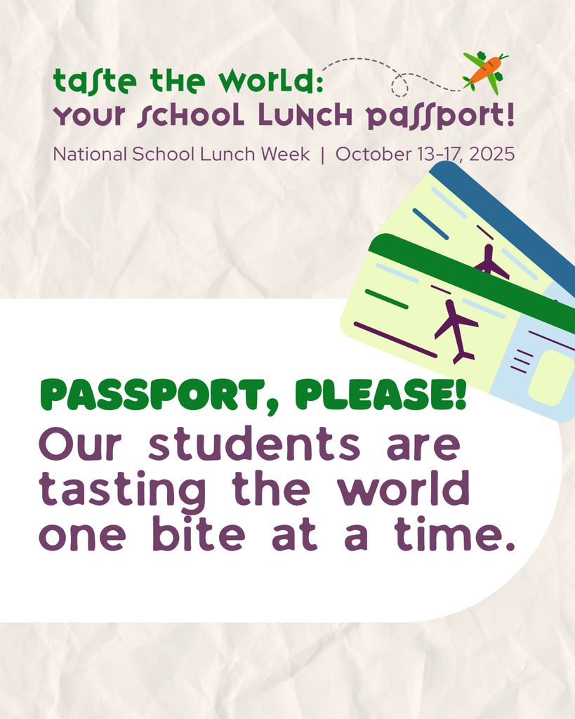 Families, pack your bags for an around-the-world adventure that starts right in our school cafeterias! 🚋 From October 13-17, we're celebrating #NationalSchoolLunchWeek with the theme "Taste the World." Nutritious school meals are a labor of love, and when we all work together, they contribute to the health, well-being and academic success of our students. Let's talk a bit about how it'll work. Next week, we've got an international theme that encourages kids to try out new flavors! We've made "passports" for our students, which they can pick up in their cafeteria. If they go through the lunch line and get their passport stamped each day, they can turn it in Friday to be entered in a prize drawing 🌎 We're excited to get cooking 🍳 See you at lunch, GCPS family! #NSLW #NSLW25 #SchoolLunchPassport #TasteTheWorld
