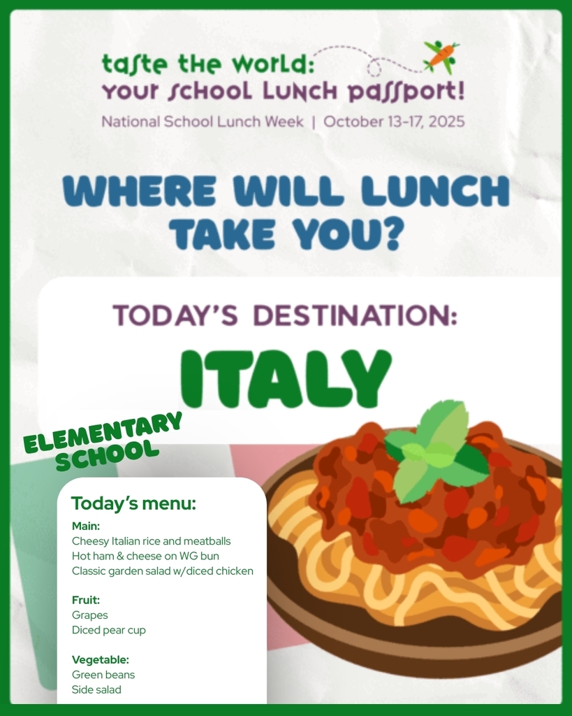 For today's #NationalSchoolLunchWeek adventure, tell your student to be on the lookout for Italian options in the school cafeteria 🍝 Our elementary schoolers will be treated to cheesy Italian rice and meatballs, while our middle school students can look forward to a chicken spinach alfredo bake 😋 Take it from us: our cafeteria teams have really outdone themselves, today. Pair these with some grapes and a side salad for the ultimate Italian experience! #NSLW #NSLW25 #SchoolLunchPassport #TasteTheWorld