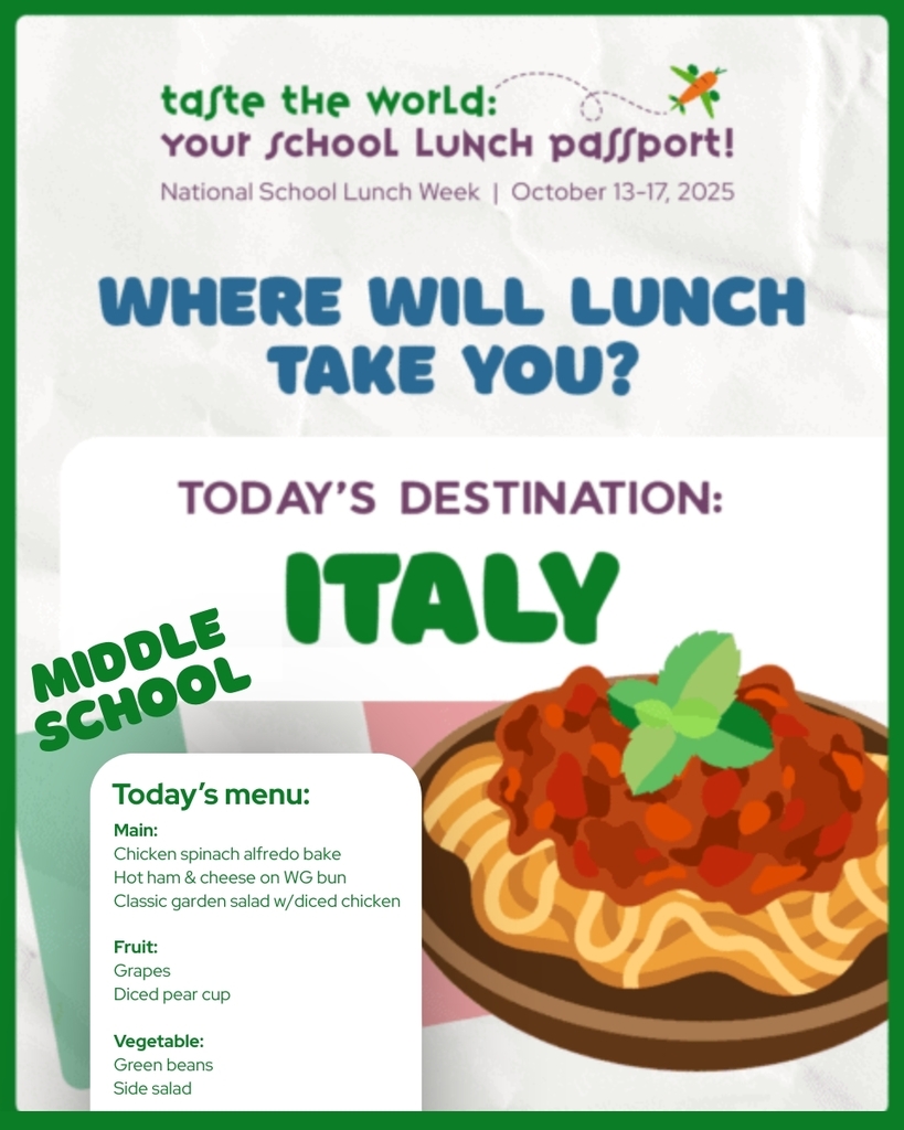 For today's #NationalSchoolLunchWeek adventure, tell your student to be on the lookout for Italian options in the school cafeteria 🍝 Our elementary schoolers will be treated to cheesy Italian rice and meatballs, while our middle school students can look forward to a chicken spinach alfredo bake 😋 Take it from us: our cafeteria teams have really outdone themselves, today. Pair these with some grapes and a side salad for the ultimate Italian experience! #NSLW #NSLW25 #SchoolLunchPassport #TasteTheWorld