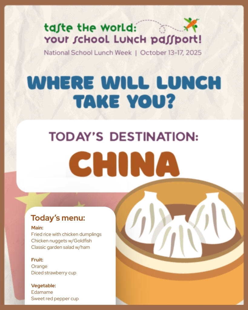 Students, break out the chopsticks for this next foray in our "Taste the World" celebration of National School Lunch Week! Some of the most delicious dishes in the world hail from China, and today, we're giving students the option to try some fried rice and chicken dumplings on their lunch trays. Add an orange and some edamame for a nutritionally (and culturally) balanced meal! 🍜 We're having such a wonderful time, celebrating new flavors with our students this week. #NSLW #NSLW25 #SchoolLunchPassport #TasteTheWorld