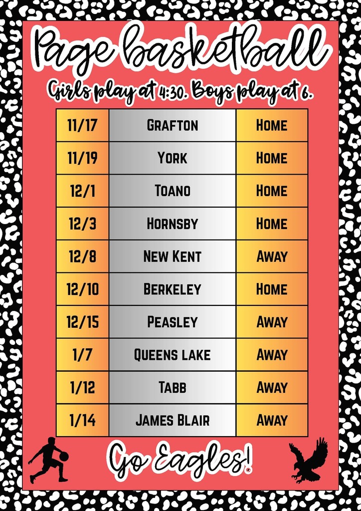 Basketball Season is Here! Our first home basketball games are coming up on Monday, November 17th, 2025!   Girls Game: 4:30 PM  Boys Game: 6:00 PM
