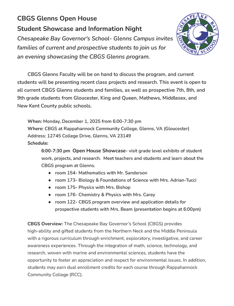 Interested in the Chesapeake Bay Governor’s School? Stop by the Open House at RCC’s Glenns campus to learn more!