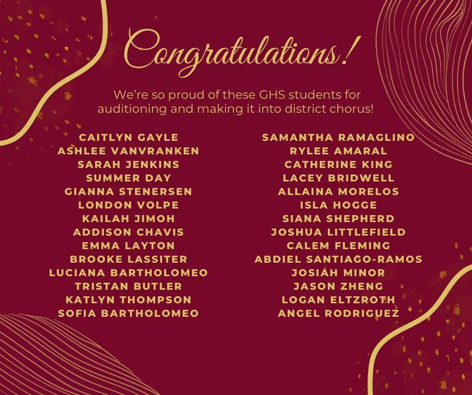 Congratulations to our talented GHS singers who auditioned for and were selected for District Chorus! 🎶 We’re so proud of your hard work, dedication, and incredible musical achievements!