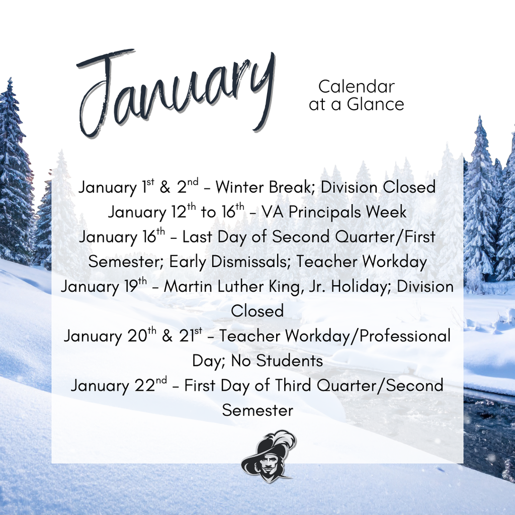 January at a Glance – GCPS  As we begin the new year, please review the January At a Glance calendar for important dates and events across Gloucester County Public Schools. Families are encouraged to continue checking division communications for updates throughout the month.
