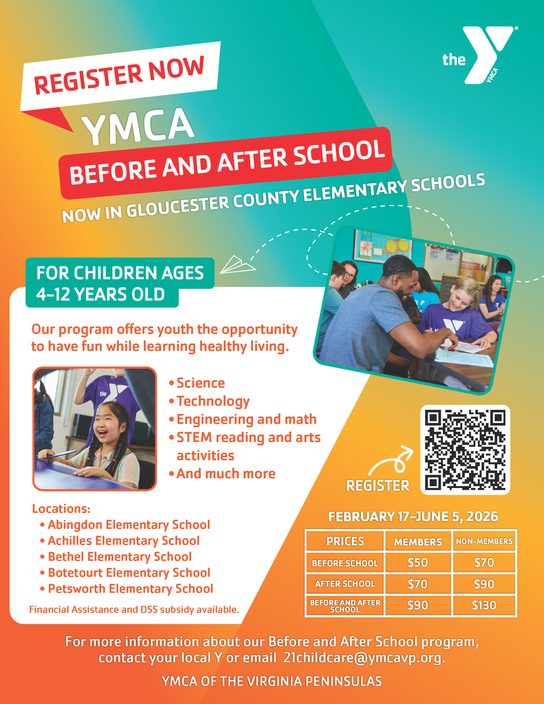 The YMCA Before and After School Program is now available at select Gloucester County elementary schools for children ages 4–12. The program provides a safe, engaging environment with enrichment and STEM-based activities before and after school. Please refer to the graphic above for participating locations, dates, pricing, and registration information.