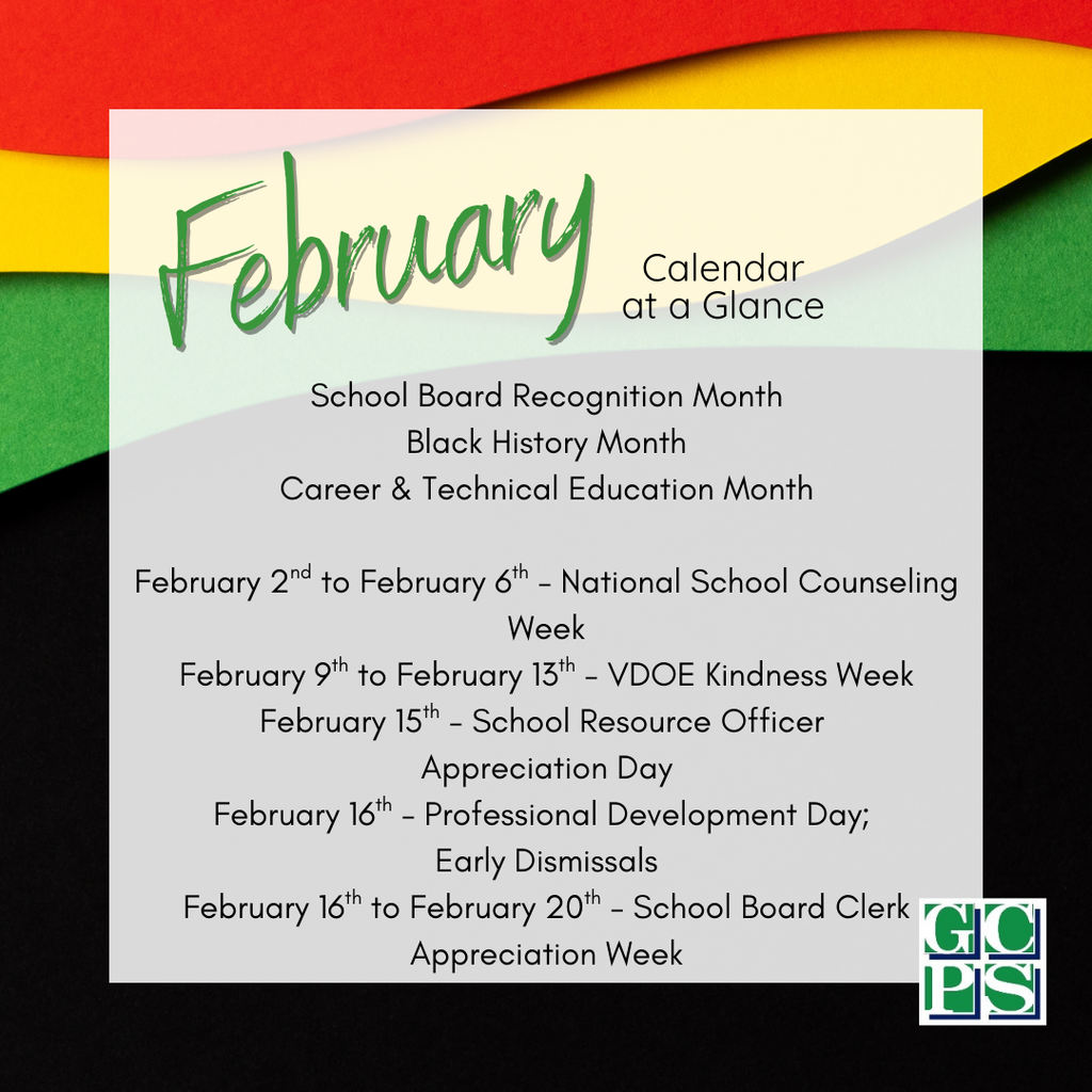 📅 Here’s a look at what’s happening across GCPS this month! Check out our Calendar at a Glance and be sure to mark your calendars for important dates and events.