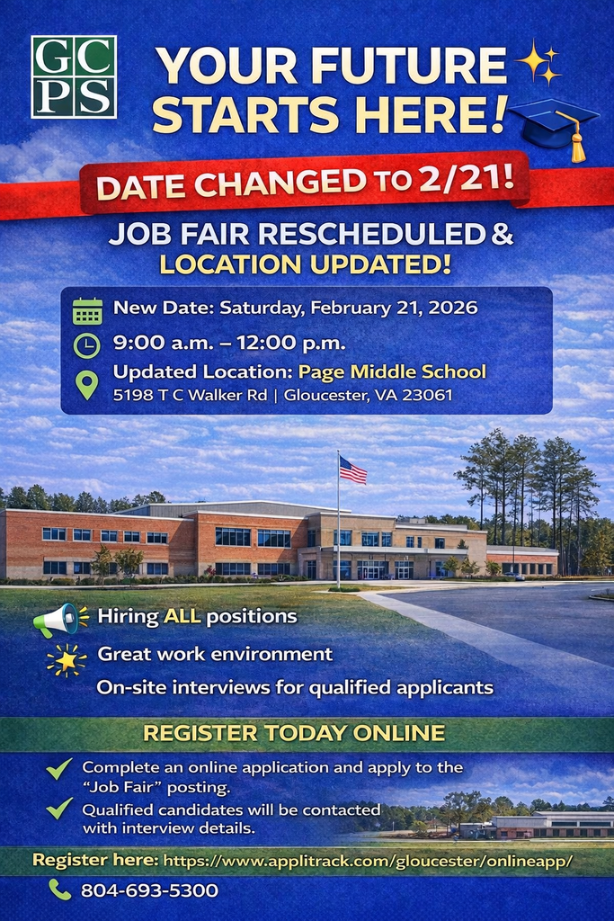 🚨 Job Fair Update 🚨 The GCPS Job Fair has been rescheduled to Saturday, February 21 and will now be held at Page Middle School. call 804-693-5300 for information