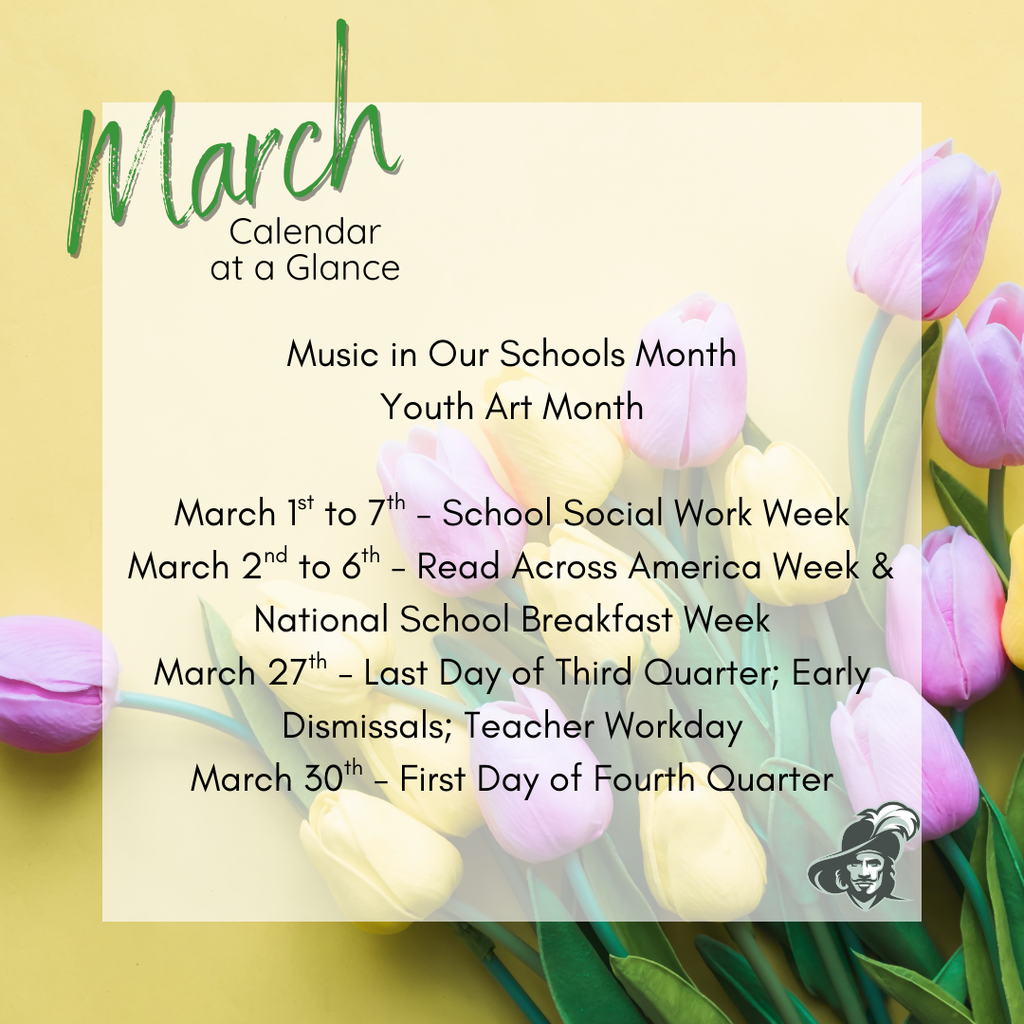 March is filled with important celebrations and events across our schools. We proudly recognize Music in Our Schools Month and Youth Art Month, highlighting the incredible artistic and musical talents of our students. Please review the March At a Glance calendar for additional important dates and reminders.