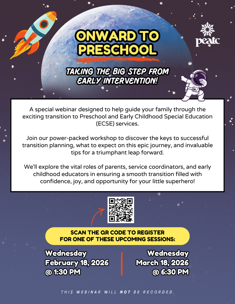 Onward to Preschool – Taking the Big Step from Early Intervention Gloucester County Public Schools is sharing this helpful resource from PEATC to support families as they transition from Early Intervention to Preschool and ECSE services. This webinar is designed to guide families through the next steps and provide practical tips for a smooth transition. If you have questions, please contact our GCPS Special Education Department at 804-693-7880.