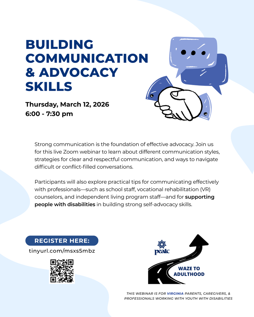 We are pleased to share this upcoming PEATC webinar focused on strengthening communication and advocacy skills for families and caregivers of youth with disabilities.  This session offers practical strategies for navigating conversations and supporting self-advocacy.  For additional information, please contact the GCPS Special Education Department at 804-693-7880.