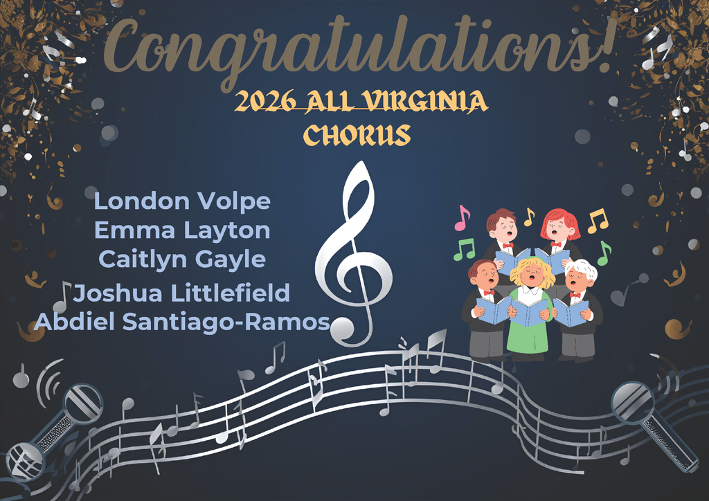 Fw: Announcements Steven Martinez Tricia Dowdy Can you help me post this in canvas and/or social media? Steven Martinez Choral Director Gloucester High School steven.martinez@gc.k12.va.us From: Steven Martinez Sent: Monday, February 23, 2026 10:18 AM To: Nya Johnson <nya.johnson@gc.k12.va.us>; Brandy Clapp <brandy.clapp@gc.k12.va.us> Cc: Tricia Dowdy <patricia.dowdy@gc.k12.va.us>; Connor Butler <connor.butler@gc.k12.va.us> Subject: Announcements Can we add this to the announcements this week and the Sunday call? Congratulations to GHS Chorus students, London Volpe, Emma Layton, Joshua Littlefield, and Abdiel Santiago-Ramos for auditioning and being selected to the 2026 All-Virginia Chorus as first delegates. And congratulations to Caitlyn Gayle for being selected as the second alternate.