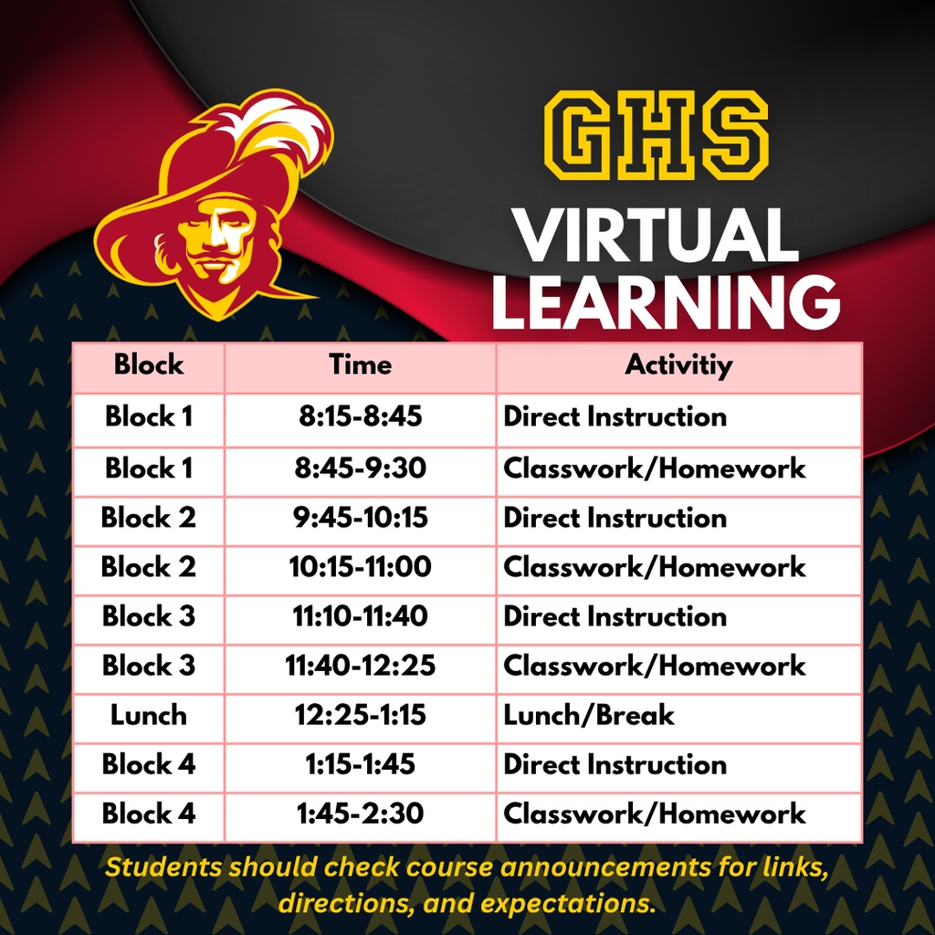 Virtual Learning schedule for 4-21