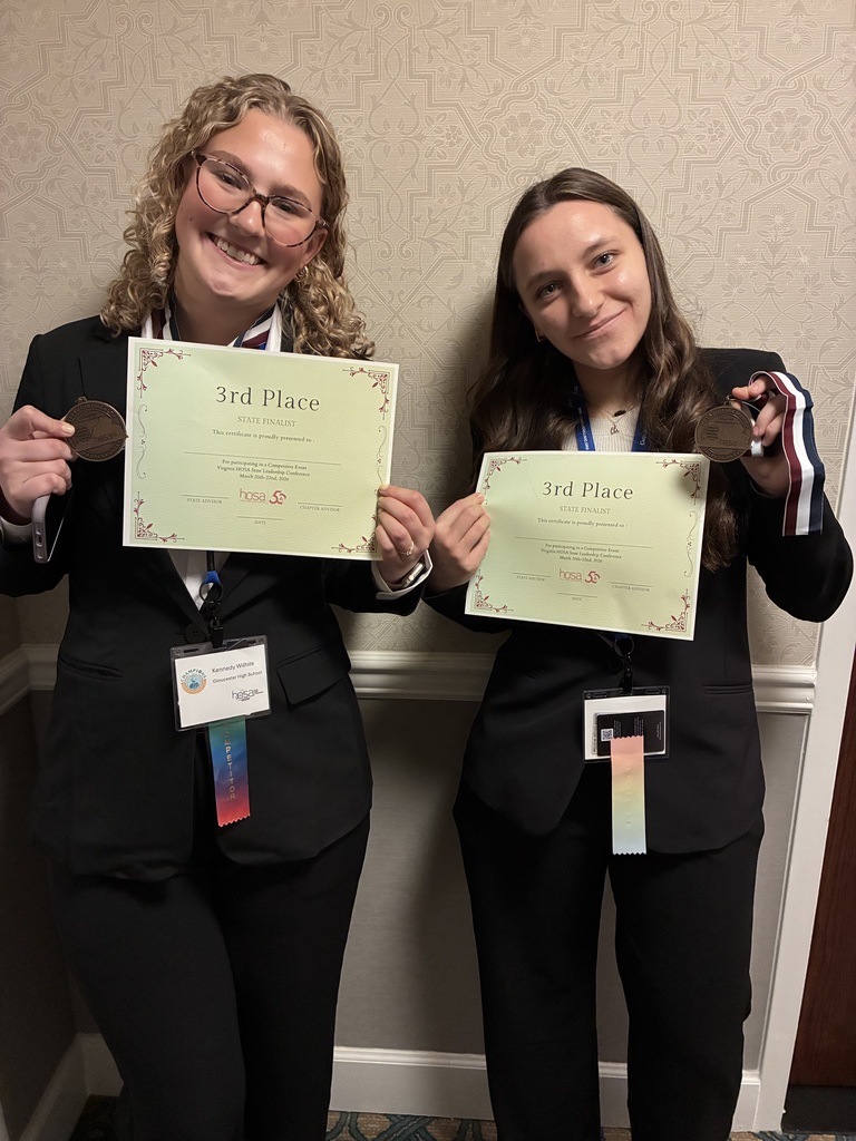 🏥✨ Congratulations to our GHS HOSA students! ✨🏥  We are proud to recognize our students for their outstanding performance at the 2026 HOSA State Leadership Conference in Roanoke, VA.  👏 Casey Billings and Jocelynn Nester placed 6th in the state in CPR & First Aid. 👏 Kennedy Wilhite and Rylie Jeffery placed 3rd in the state in EMT and have qualified to compete at the International Leadership Conference in Indianapolis, Indiana!  Your hard work, dedication, and commitment to the healthcare field make us proud. Congratulations on representing GHS so well!