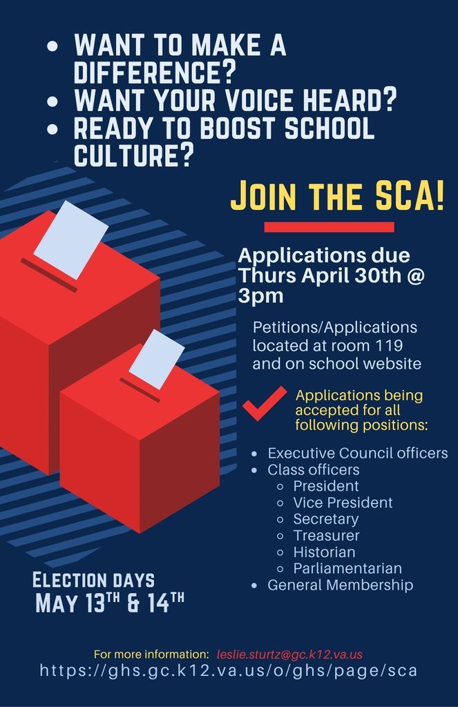 🗳️ Get involved and make your voice heard! SCA elections are coming up—don’t miss your chance to lead and make a difference at GHS. Check out the details and apply today!