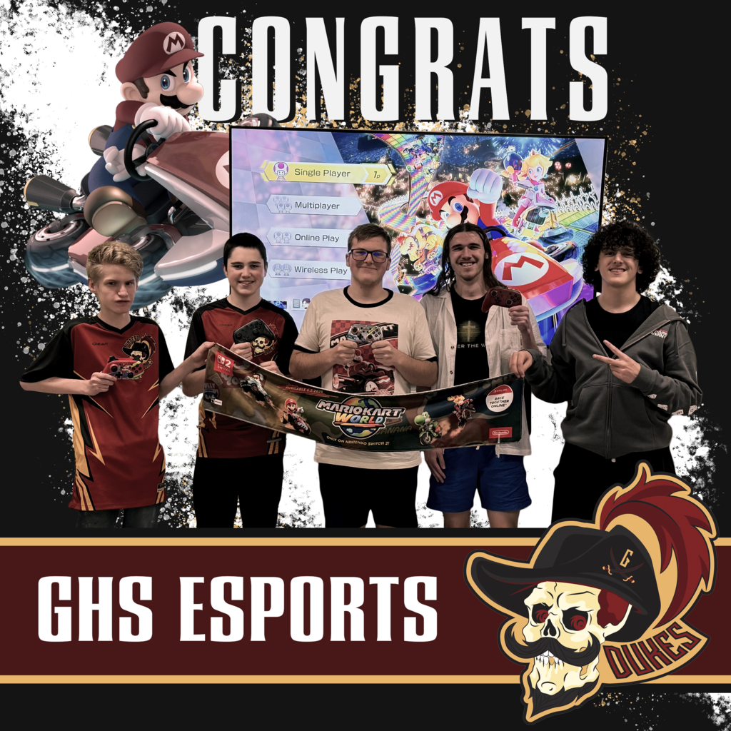 Congratulations to the Mario Kart ESports team for winning their first two rounds of playoff matches. For the first time in GHS history, the ESports team will advance to in-person state championships at ODU on Saturday, April 25th. Way to go Logan Williams, Paul Trotman, Lane Briggs, Jason Hancock, Luis Seda, and Erik Waters (not pictured). 