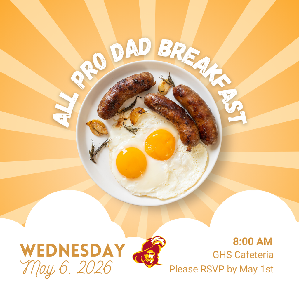🥞 All Pro Dad Breakfast at GHS Join us on Wednesday, May 6 at 8:00 AM in the GHS Cafeteria for our next All Pro Dad Breakfast! This special event celebrates fathers and the important role they play in their children’s lives. ⚠️ Space is limited, so RSVP is required by May 1.   RSVP here via Google Form.  Click here for a printable form.   We look forward to seeing you there! 📞 Questions? Contact the GHS Main Office at 804-693-2526