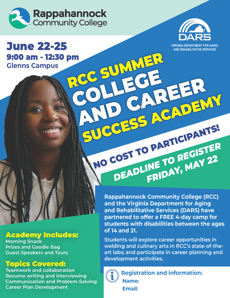 ☀️🌺🌴Super Summer Opportunity for students with disabilities!!!🌴🌺☀️  DARS and RCC are offering free 4-day summer camps for Welding and Culinary!!  Attendees: students with disabilities (14-21) who are connected with DARS  Dates:  June 22-25, 2026  Time:  9am-12:30pm        Awards: 6/25/26 at 11:30am  Transportation: provided from GHS to RCC and back  Dress Code for each camp:  Culinary Students' Dress Code:     a shirt that covers collar bones, shoulders, and upper arms, with no cuts/holes, and the shirt length must reach the hips long pants non-skid closed shoes (tennis shoes are appropriate) (no Crocs) with socks on Please refrain from wearing jewelry (especially dangling necklaces/earrings) and nail polish. Rings and nail polish must be covered with gloves at all times    Welding Students' Dress Code (Boots will be provided!) :     Long pants (Jeans, Cotton, or Wool) Long Sleeve Shirts (Cotton or Wool) Other PPE for Welding will be provided on the 1st day of class (Lab Jacket, Eye Shields, Boots)  Last day to register is 5/19/26  Please contact Jan-Marie Bard to complete application 804-693-3257 Janmarie.bard@gc.k12.va.us