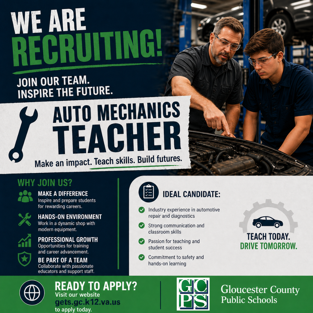 🔧 GCPS is Hiring!  Join our team as an Auto Mechanics Teacher and help students build real-world skills for future careers. If you have industry experience and a passion for teaching, we’d love to hear from you!  📍 Apply today: gets.gc.k12.va.us
