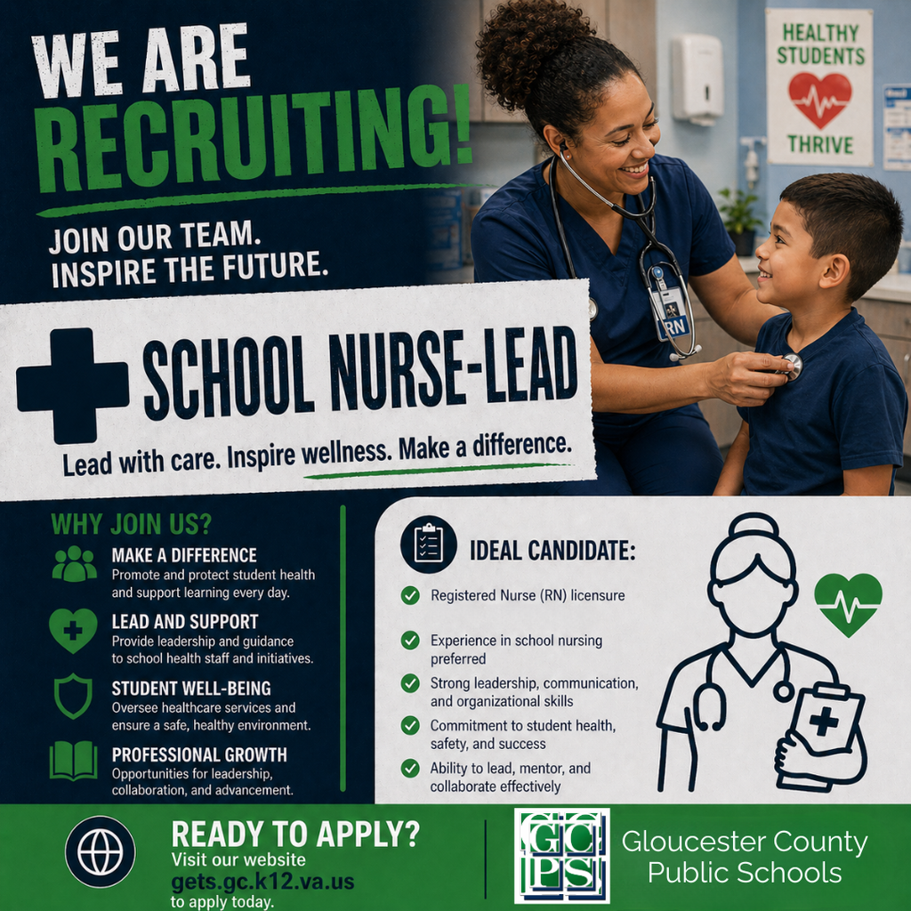 🩺 GCPS is Hiring!  We are seeking a School Nurse-Lead to help support student health, wellness, and success across our schools. If you’re passionate about caring for students and leading with impact, this is a great opportunity to make a difference.  📍 Apply today: gets.gc.k12.va.us
