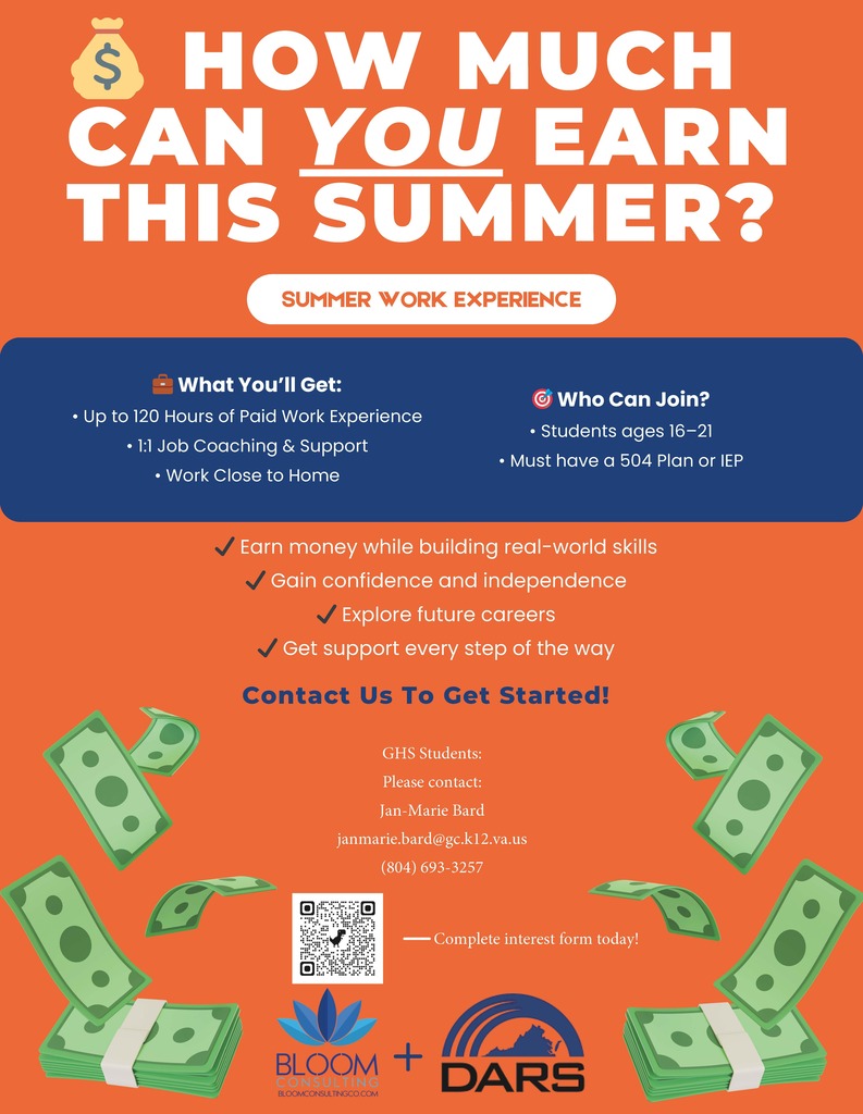 🌻😎🌞More Summer Camps for Students with Disabilities! 🌞😎🌻  DARS and Bloom are collaborating to provide summer camps to students with IEPs and 504's who are connected to DARS.   Bloom Summer Camp will take place at Page Middle School, July 13-16, 2026!  Skills covered include:   Job Site Tours Mock Interviews Job Skills Training Independent Living Skills  At the completion of camp, students are treated to a pizza party! $25 gift cards given to students with perfect camp attendance!!   2. Bloom Work Experience  💼 What You’ll Get:                                                                                       🎯 Who Can Join? • Up to 120 Hours of Paid Work Experience                                                • Students ages 16–21 • 1:1 Job Coaching & Support                                                                            • Must have a 504 Plan or IEP and connected to DARS • Work Close to Home                                                                                             Both of these opportunities provide valuable work readiness skills and help students build the confidence, independence, and experience needed to become more employable in the future. From developing communication and teamwork skills to learning workplace expectations, these experiences are preparing students for success beyond the classroom! 💼✨  Please use the QR code on each flyer and fill out the interest form!!