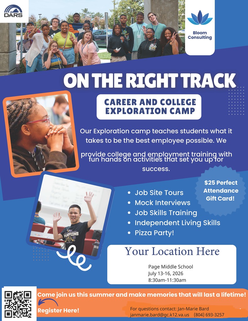 🌻😎🌞More Summer Camps for Students with Disabilities! 🌞😎🌻  DARS and Bloom are collaborating to provide summer camps to students with IEPs and 504's who are connected to DARS.   Bloom Summer Camp will take place at Page Middle School, July 13-16, 2026!  Skills covered include:   Job Site Tours Mock Interviews Job Skills Training Independent Living Skills  At the completion of camp, students are treated to a pizza party! $25 gift cards given to students with perfect camp attendance!!   2. Bloom Work Experience  💼 What You’ll Get:                                                                                       🎯 Who Can Join? • Up to 120 Hours of Paid Work Experience                                                • Students ages 16–21 • 1:1 Job Coaching & Support                                                                            • Must have a 504 Plan or IEP and connected to DARS • Work Close to Home                                                                                             Both of these opportunities provide valuable work readiness skills and help students build the confidence, independence, and experience needed to become more employable in the future. From developing communication and teamwork skills to learning workplace expectations, these experiences are preparing students for success beyond the classroom! 💼✨  Please use the QR code on each flyer and fill out the interest form!!