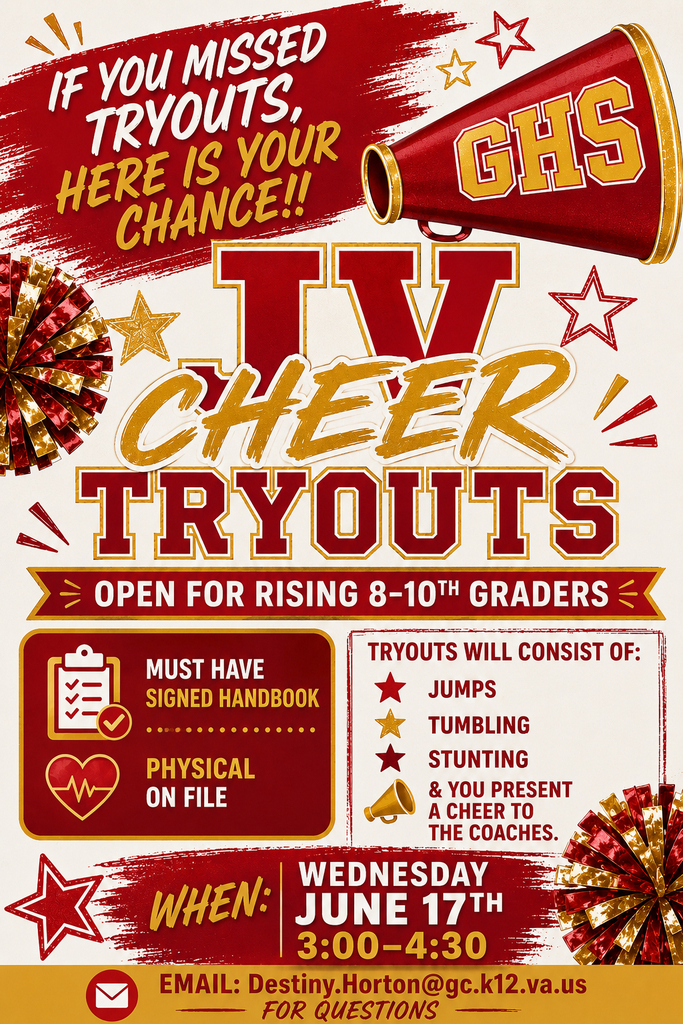 📣 Missed cheer tryouts? Here's your chance!  Gloucester High School JV Cheer is holding an additional tryout opportunity for rising 8th–10th grade students on Wednesday, June 17, from 3:00–4:30 PM.  Interested students must have a signed handbook and a current physical on file. Tryouts will include jumps, tumbling, stunting, and a cheer presentation.  📋 The interest form can be found on the Athletics page of the GHS website.  Questions? Contact Destiny Horton at Destiny.Horton@gc.k12.va.us.  ❤️💛 #GoDukes #GHSCheer #JVCheer