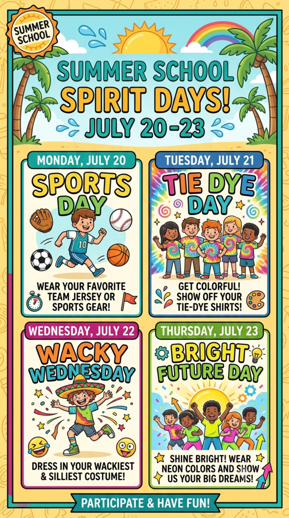 Let's celebrate the last week of Page’s rising 3rd through 8th grade summer school with Spirit Week, July 20-23! Join the fun and dress up each day:  Monday, July 20: Sports Day - Wear your favorite jersey or sports gear. Tuesday, July 21: Tie-Dye Day - Wear your most colorful tie-dye. Wednesday, July 22: Wacky Wednesday - Go wild with mismatched clothes or crazy hair. Thursday, July 23: Bright Future Day - Wear neon colors or dress for your future career. Help us end summer school on a high note! Thank you to all of our parents for your incredible support throughout this summer session.