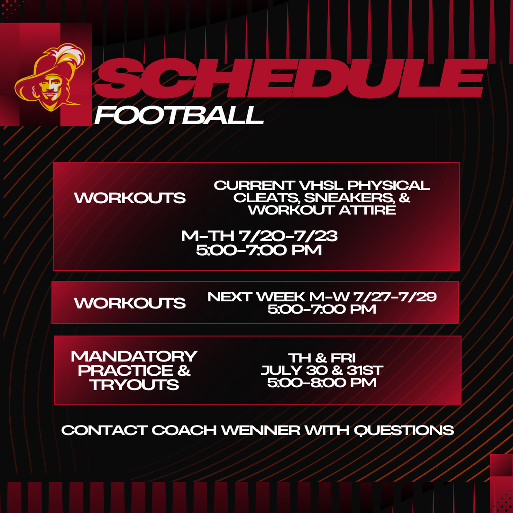 🏈 It's not too late to join Duke Football!  Football workouts are underway, and there's still time to get involved. If you're interested in becoming part of the Gloucester High School Football program, check out the workout and tryout schedule below.  Be sure to have a current VHSL physical and come prepared with cleats, sneakers, and workout attire.  Questions? Contact Coach Wenner.  #GoDukes #GHSFootball