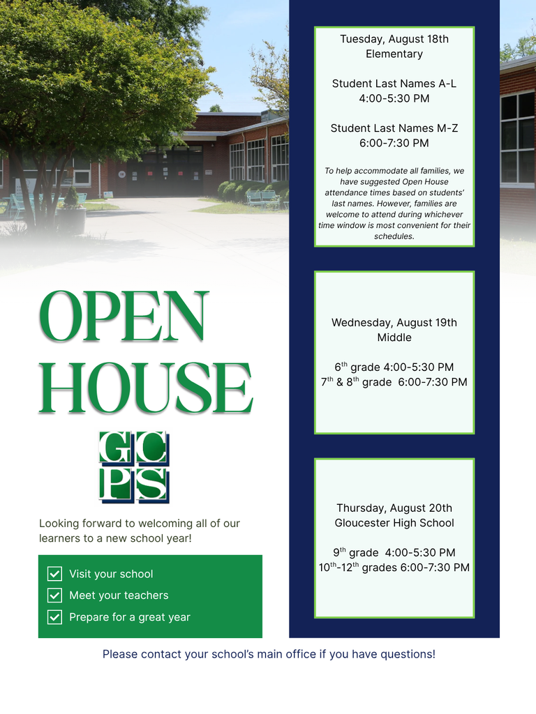 📚 Open House is almost here!  Join us August 18–20 as we kick off the 2026–27 school year. Check the graphic for your school's date and time. We look forward to welcoming our students and families back!