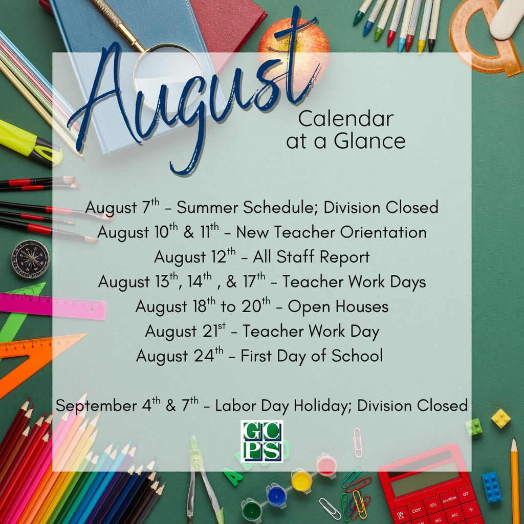 🗓️ August at a Glance: Get Ready for the New School Year!  As summer winds down, we’re getting ready to welcome our students, staff, and families back! Here are the key dates, open houses, and closures to keep on your radar for August and early September.  Be sure to save this post or screenshot the graphic so you don't miss a thing as we count down to the first day of school! 👇 🏖️ Aug 7: Summer Schedule (Division Closed)  🍎 Aug 10–11: New Teacher Orientation  💼 Aug 12: All Staff Report  ✏️ Aug 13, 14, 17: Teacher Work Days  🏫 Aug 18–20: Open House Dates  📝 Aug 21: Teacher Work Day  🎉 Aug 24: FIRST DAY OF SCHOOL!  🇺🇸 Sept 4 & 7: Labor Day Holiday (Division Closed)