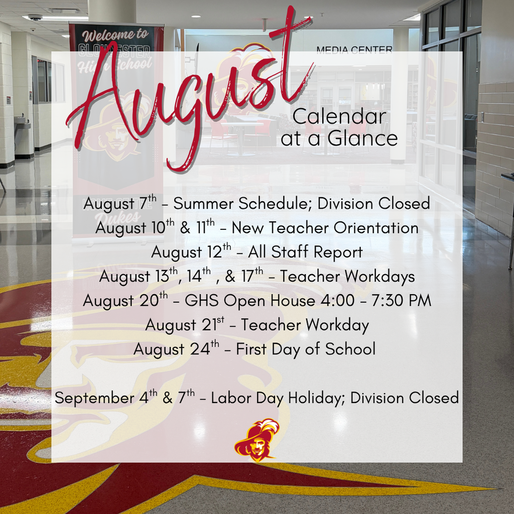 🗓️ Dukes, Mark Your Calendars for August! August is going to move fast! Make sure to lock in these key dates for GHS: 🍎GHS Open House: Thursday, August 20th | 4:00 PM – 7:30 PM 🎒First Day of School: Monday, August 24th  Check out the full calendar graphic below so you don't miss anything.  See you soon, GHS! 💛🔴🏖️ Aug 7: Summer Schedule (Division Closed)  🍎 Aug 10–11: New Teacher Orientation  💼 Aug 12: All Staff Report  ✏️ Aug 13, 14, 17: Teacher Work Days  🏫 Aug 20: GHS Open House (4:00 PM – 7:30 PM)  📝 Aug 21: Teacher Work Day  🎉 Aug 24: FIRST DAY OF SCHOOL!  🇺🇸 Sept 4 & 7: Labor Day Holiday (Division Closed)