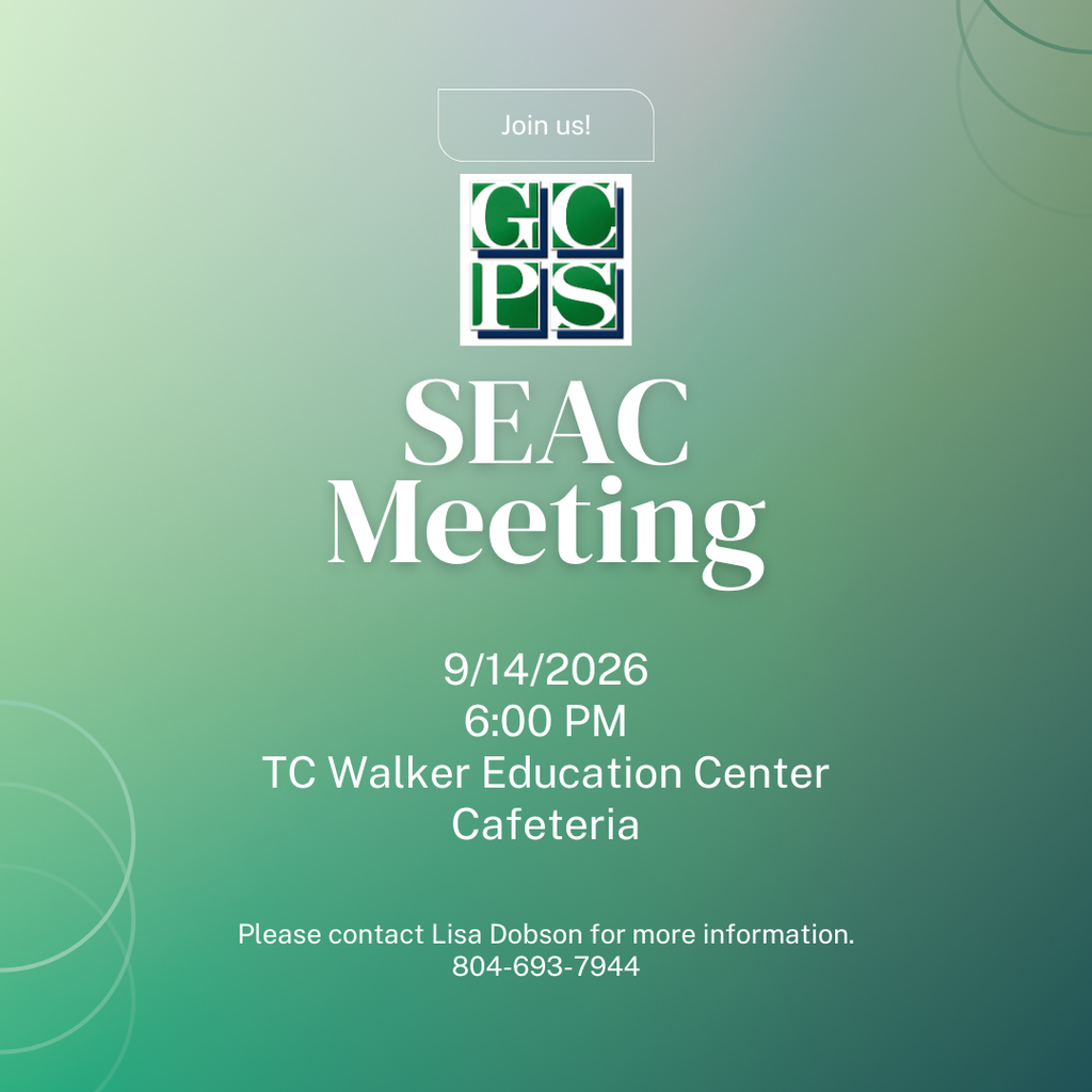 📍 Reminder: SEAC Meeting Tonight  Join Gloucester County Public Schools for our Special Education Advisory Committee meeting this evening at the TC Walker Education Center Cafeteria.  Details:  Date: Tonight, September 14th  Time: 6:00 PM  Contact: Lisa Dobson (804-693-7944)  Hope to see you there. 💚  #GCPS #SpecialEducation #GloucesterCounty