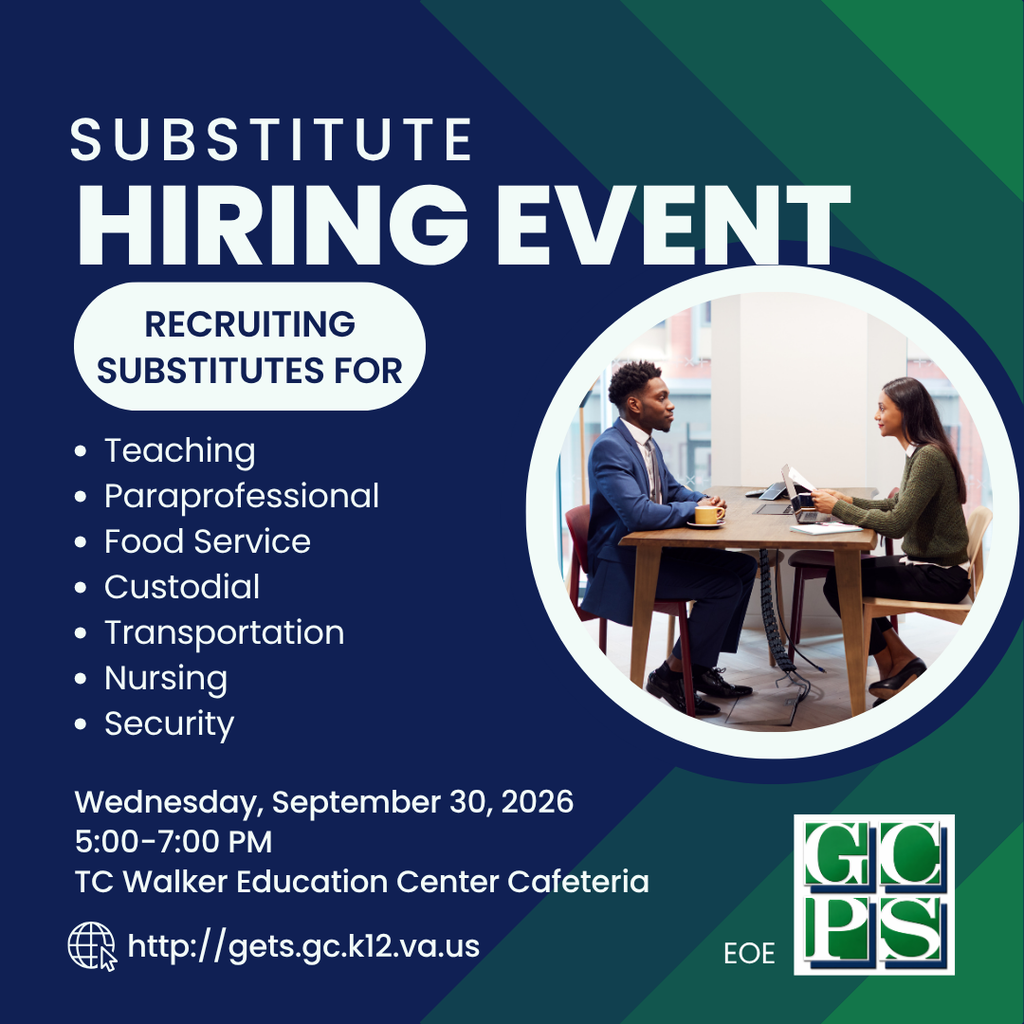 Looking for a flexible job where you can make a difference locally? Gloucester County Public Schools is hiring substitutes across multiple roles! Substitute Hiring Event 📅 Wednesday, Sept. 30 | 5:00–7:00 PM 📍 TC Walker Education Center Cafeteria We're recruiting for teaching, paraprofessionals, food service, custodial, transportation, nursing, and security positions. Stop by to meet the team, or apply online at http://gets.gc.k12.va.us. See you there!