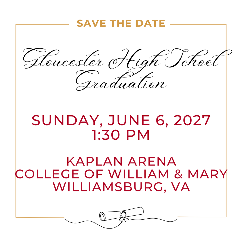 Countdown to commencement begins now. 🎓  Save the date as we celebrate the Gloucester High School Class of 2027!  🗓 Sunday, June 6, 2027  ⏰ 1:30 PM  📍 Kaplan Arena, College of William & Mary  #GloucesterHigh #ClassOf2027