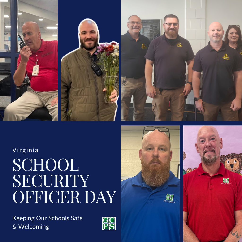 🌟 Celebrating Our School Security Officers! 🌟  Happy Virginia School Security Officer Appreciation Day!  Keeping our halls safe is just the beginning. Our SSOs serve as daily mentors, friendly supporters, and welcoming faces who make our schools feel like a true community. From high-fives in the morning to being a listening ear, their impact goes way beyond safety.  Join us in thanking our amazing SSOs for all the extra heart and dedication they bring to our schools! 💙👮‍♂️👮‍♀️💚  #GCPS #ThankYouSSOs #SchoolSafety