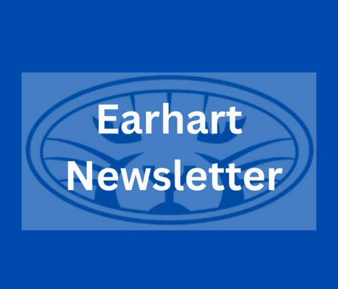 Blue background with large white text reading "Earhart Newsletter" centered over a stylized oval logo, creating a formal and informative tone.