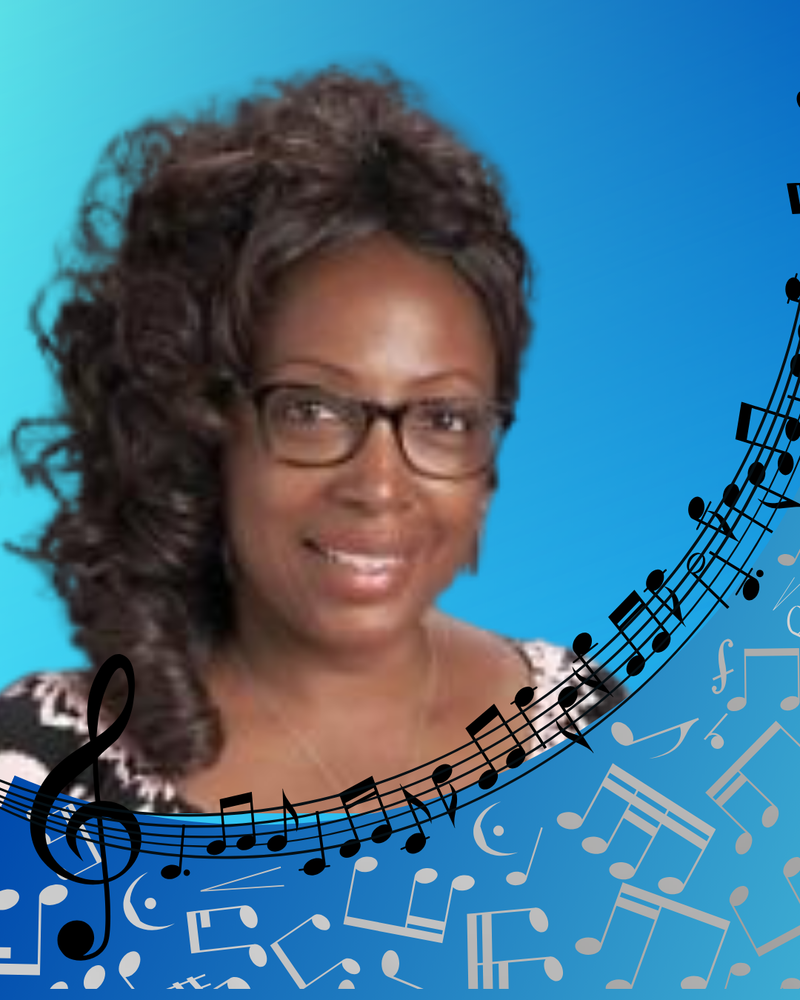 background: turquoise and blue with a picture of Pam Lawson (head shot); black and silver musical notes.