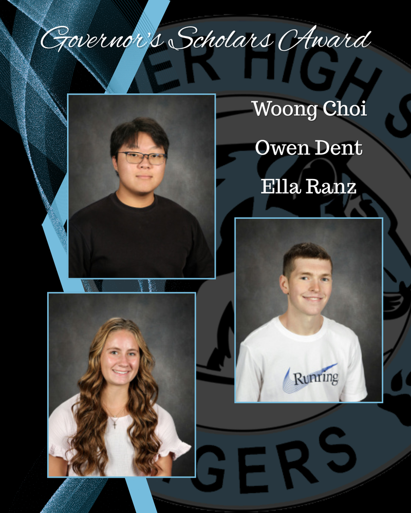 background:  black with blue/white EHS logo, blue lines, blue swirl shapes, 3 boxes with student photos; Text:  Governor's Scholars Award, Woong Choi, Owen Dent, Ella Ranz